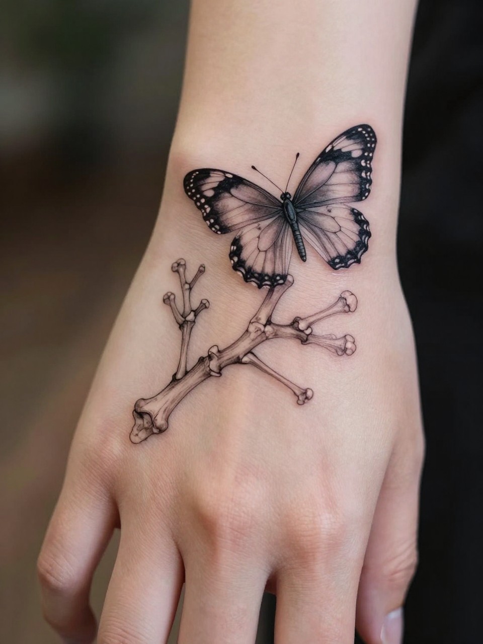  "Detailed view of a tattoo on the back of a hand: delicate drawings of underlying bones, with a butterfly perched atop them as if on a branch. Rendered in intricate, scientific grey linework."