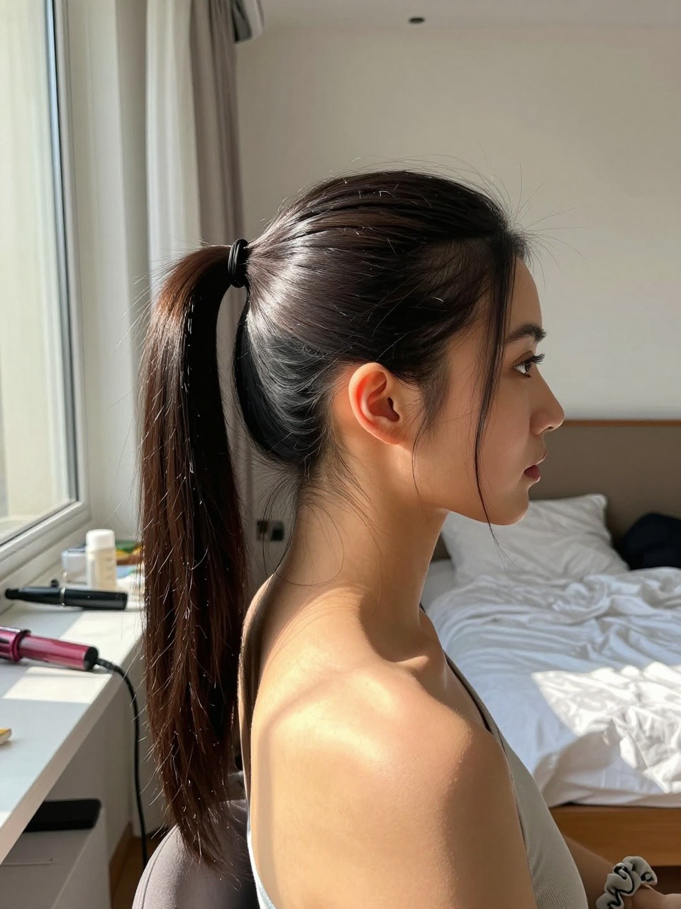 Photo of a woman wearing a sleek half-up ponytail with two face-framing pieces left out, side profile view, setting in a sun-drenched bedroom, lighting natural window light, containing a small lived-in detail such as a curling iron on the counter and a scrunchie on the wrist, latest iPhone photo quality.