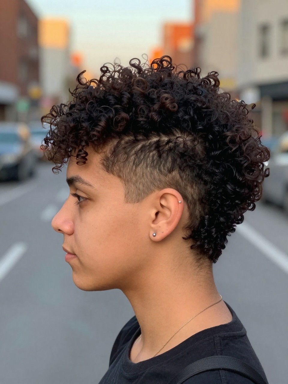 Photo of a woman wearing a curly faux hawk, side profile view showing pinned sides and voluminous center, setting is a blurred city street background with golden hour light, containing multiple ear piercings visible, iPhone photo quality.