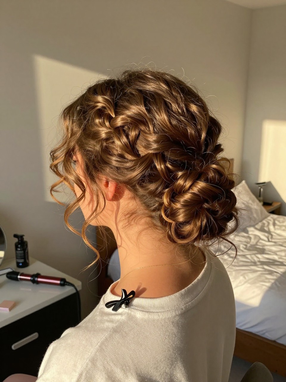 Photo of a woman wearing a soft half-up twisted crown with loose curls down, back-of-head view to show twist detail, setting in a sun-drenched bedroom, lighting golden hour glow, containing a small lived-in detail such as a curling iron on the counter and a hair clip clipped to the collar, latest iPhone photo quality.