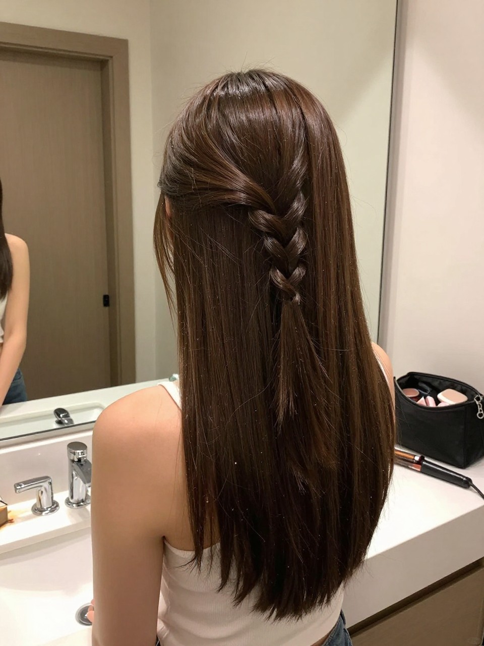 Photo of a woman wearing a sleek middle-part half-up twist with straight hair down, back-of-head view to show twist detail, setting in a bathroom vanity mirror, lighting soft indoor lighting, containing a small lived-in detail such as a flat iron on the counter and a makeup bag nearby, latest iPhone photo quality.