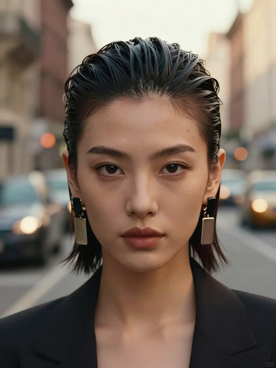 Photo of a woman wearing a slicked back fro, front-facing view showing laid edges and voluminous crown, setting is a blurred city street background with golden hour light, containing statement earrings visible, iPhone photo quality.