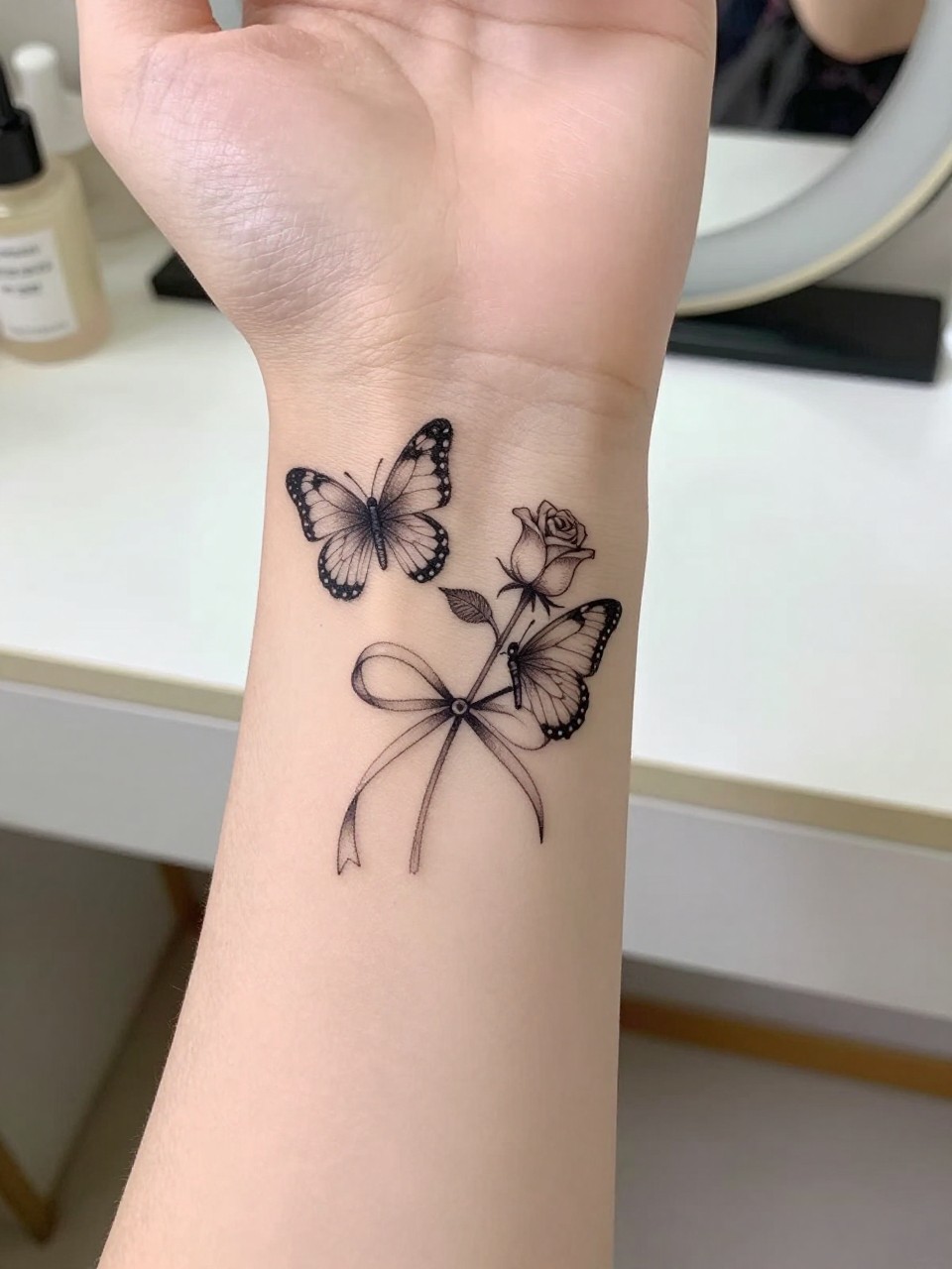 "Close-up of a wrist tattoo depicting two small butterflies and a rosebud, ‘tied’ with a delicate ribbon. Rendered in fine lines and soft shading. The wrist is posed as if resting on a vanity table."