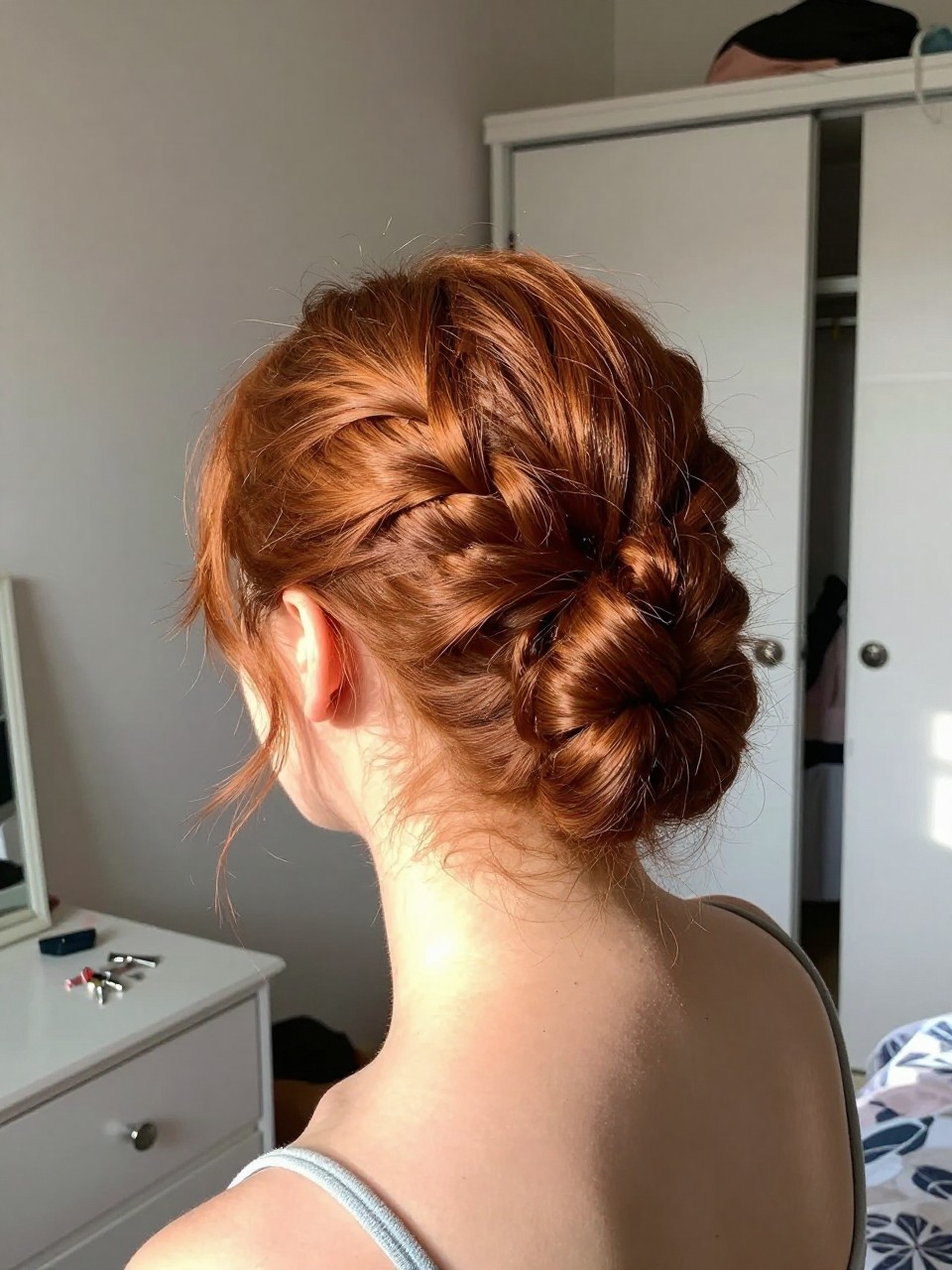 Photo of a RED HEAD woman wearing a short hair faux French twist pinned at the back, back-of-head view to show the pinned twist shape, setting in a sun-drenched bedroom, lighting natural window light, containing a small lived-in detail such as bobby pins on the vanity and a slightly open closet behind, latest iPhone photo quality.