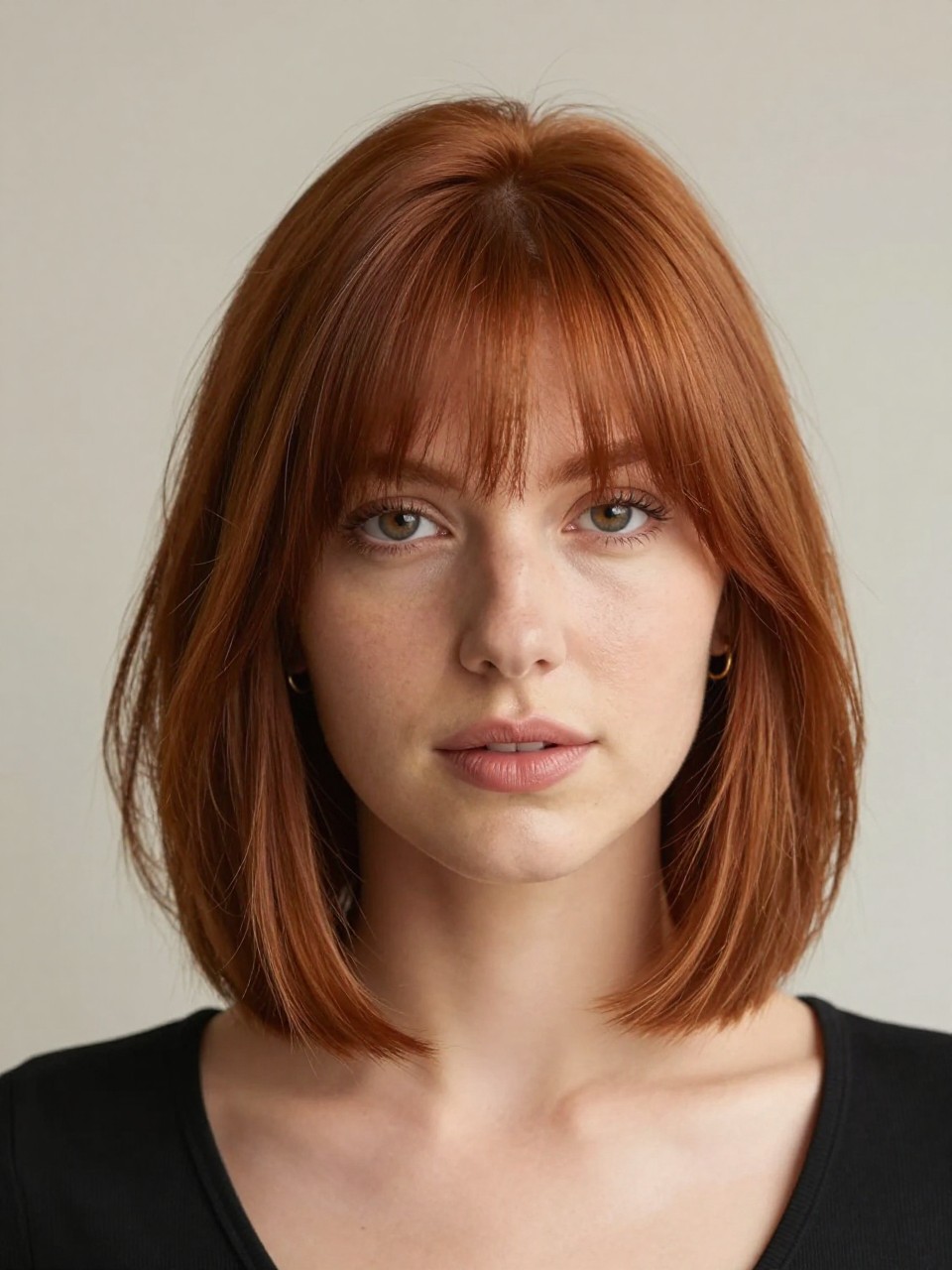 Photo of a american ginger woman wearing a blunt lob with an off-center part and a clean full edge at the ends, with the haircut fully visible and clearly defined, shot from a front portrait view, in a soft neutral studio, with soft indoor lighting, showing the haircut shape, layers, ends, bangs, and texture clearly, including simple gold earrings, latest iPhone photo quality.