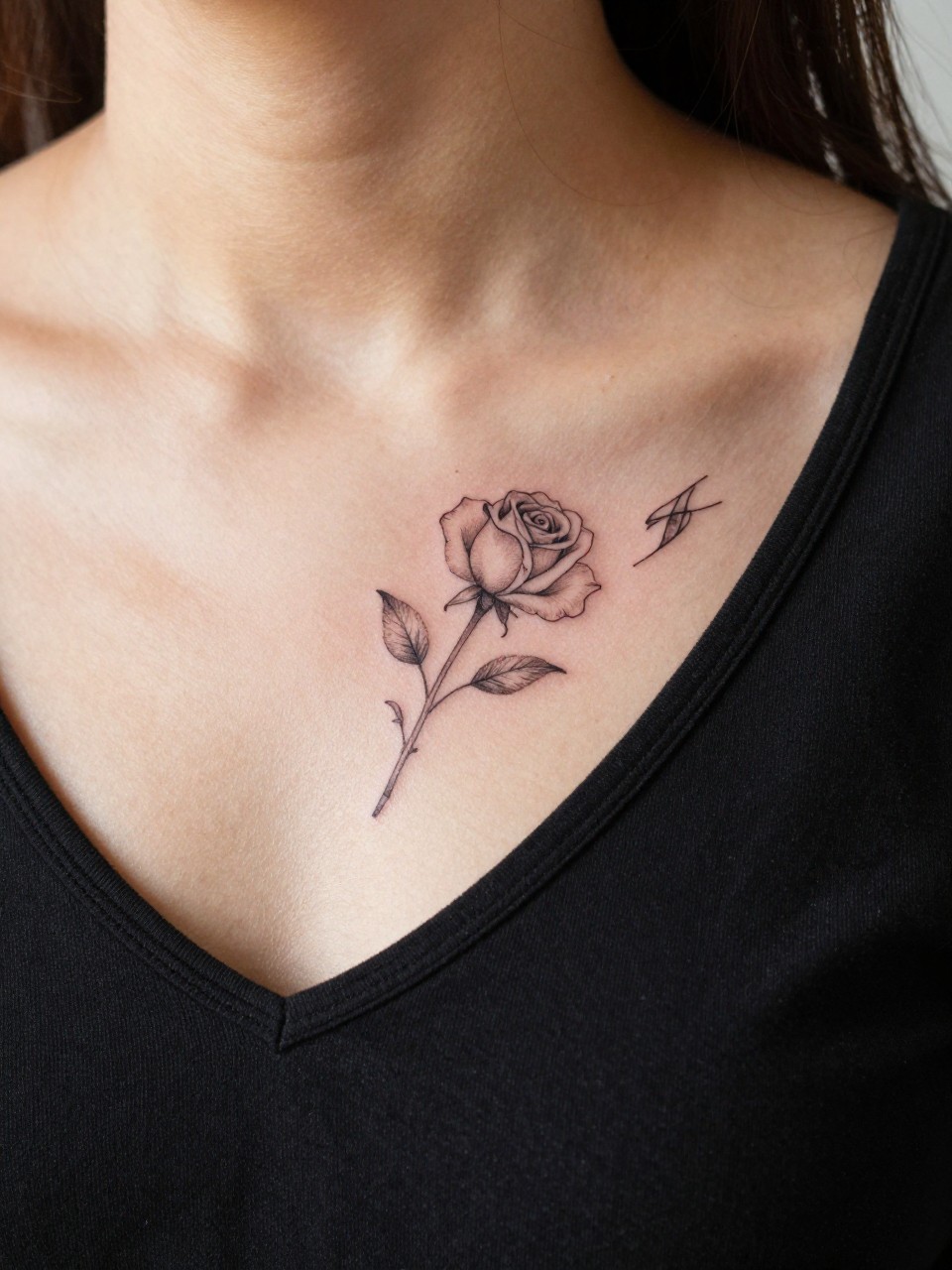  "Close-up of a fine-line single rose tattoo on the sternum, pointing downwards. The delicate petals and stem are crisp against her skin. She's wearing a soft, black V-neck top. Warm, natural light, feminine and airy vibe."
