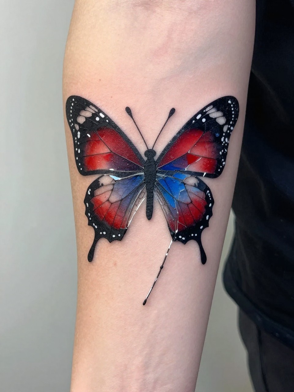  "Close-up of a forearm piece: a butterfly in a 'shattered glass' style, with fragments in deep red, blue, and black. Thick black lead lines. Visually striking and meaningful."