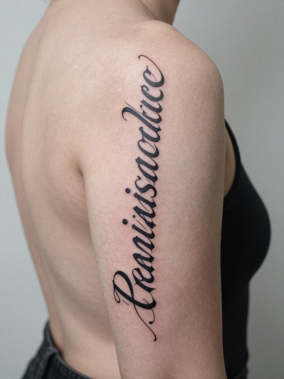 "Detailed view of 'Renaissance' tattoo in black ink, Old World calligraphy on the back. Evocative of a new chapter."