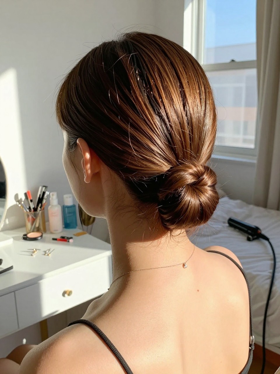 Photo of a woman wearing slicked back short hair with a low twist tuck pinned at the nape, back-of-head view, setting in a sun-drenched bedroom, lighting natural window light, containing a small lived-in detail such as bobby pins scattered on the vanity and a curling iron on the counter, latest iPhone photo quality.