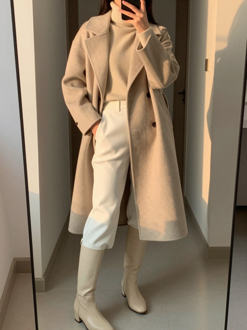 iPhone mirror selfie of a woman in a turtleneck and statement coat with white wide leg pants and knee-high boots, one hand in coat pocket, cropped at NECK so face doesn't show, in a city apartment entryway, evening golden hour, iPhone photo quality.