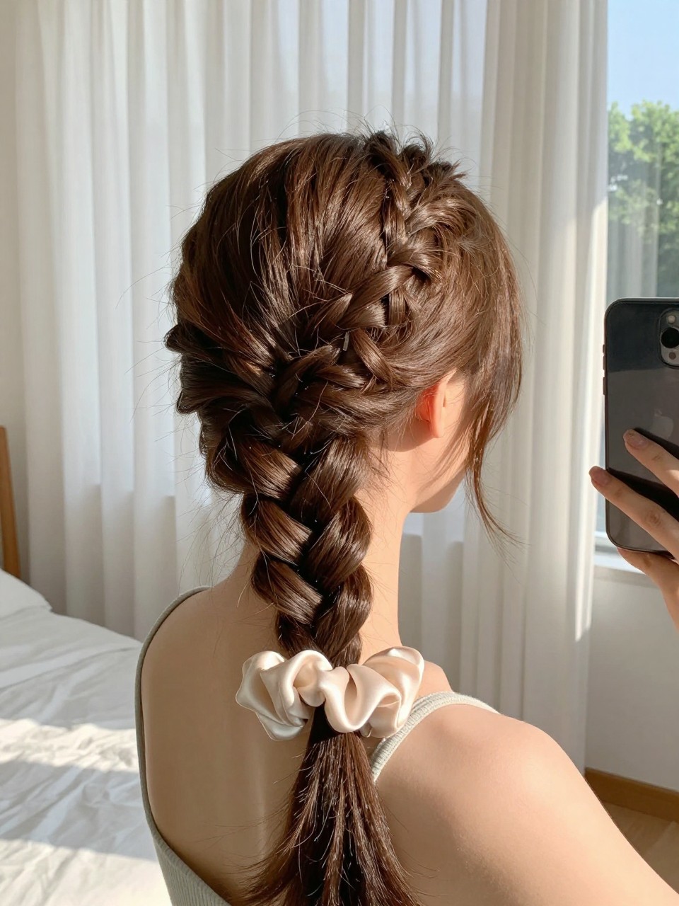Photo of a woman wearing a half-up Dutch braid starting at her crown, back-of-head view, setting is a sun-drenched bedroom with white curtains, lighting is bright natural window light, containing a silk scrunchie on her wrist, iPhone photo quality.