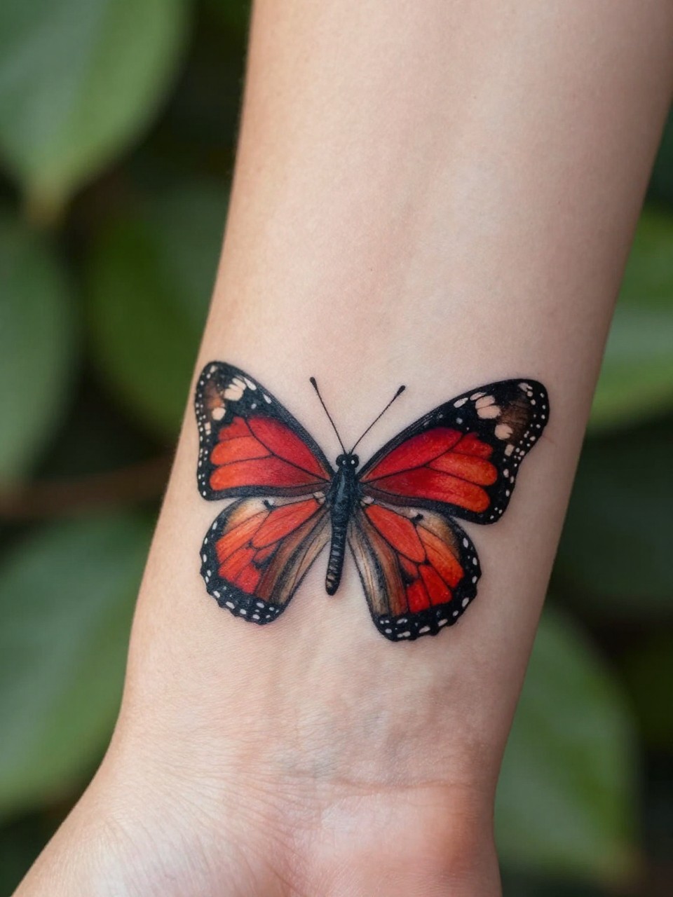 "Extreme close-up of the side of a hand tattoo, with a photorealistic red admiral butterfly tattoo drawn neatly on the skin in black ink. The background is blurred greenery, selling the illusion."