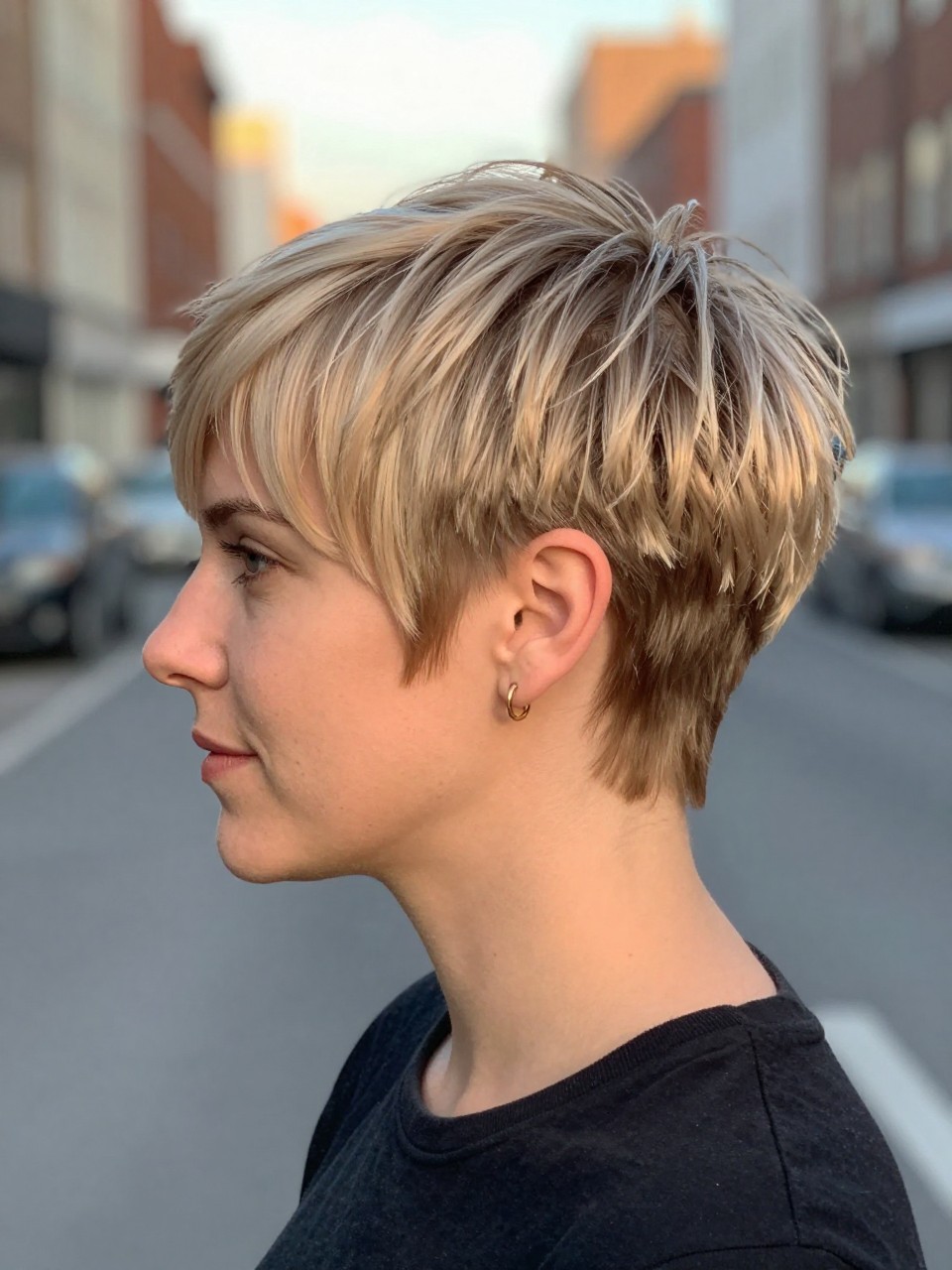 Photo of a white woman wearing an ultra short razor-textured pixie with soft separated top pieces and tapered sides, with the haircut fully visible and clearly defined, shot from a side profile, in a city street background, with golden hour, showing the haircut shape, layers, ends, bangs, and texture clearly, including simple gold earrings, latest iPhone photo quality.