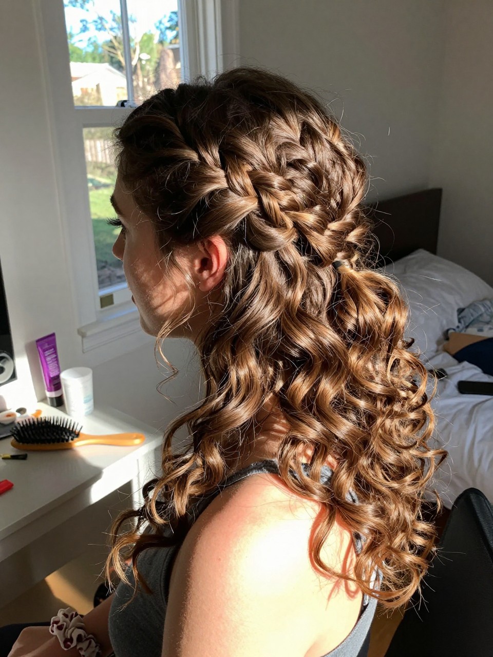 Photo of a woman wearing a romantic side braid with soft curls, side profile view, setting in a sun-drenched bedroom, lighting natural window light, containing a small lived-in detail such as a hairbrush on the vanity and a scrunchie on the wrist, latest iPhone photo quality.
