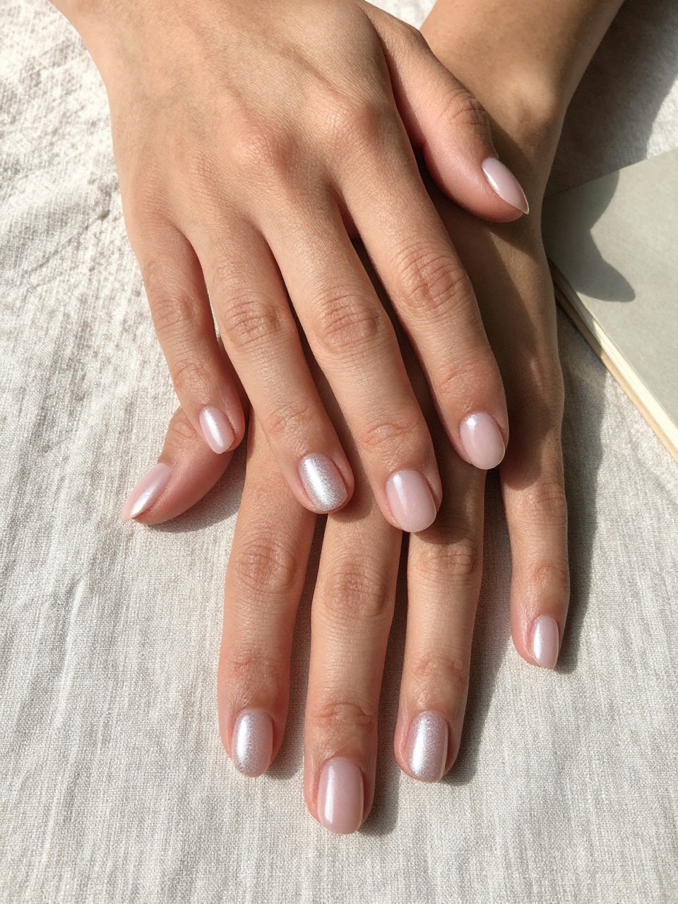 90-degree overhead top-down view of two feminine black hands with oval short nails.
The manicure features a milky pink base with a glazed chrome powder finish creating a pearl-like shine across the nails.
Include smooth reflective highlights with a glossy gel finish.

Hands are posed resting flat.

Scene set on a soft linen cloth with a small neutral notebook nearby.

Bright natural daylight with soft shadows, hyper-realistic lifestyle photography, sharp focus on nails, natural skin texture, realistic hands, no extra fingers.