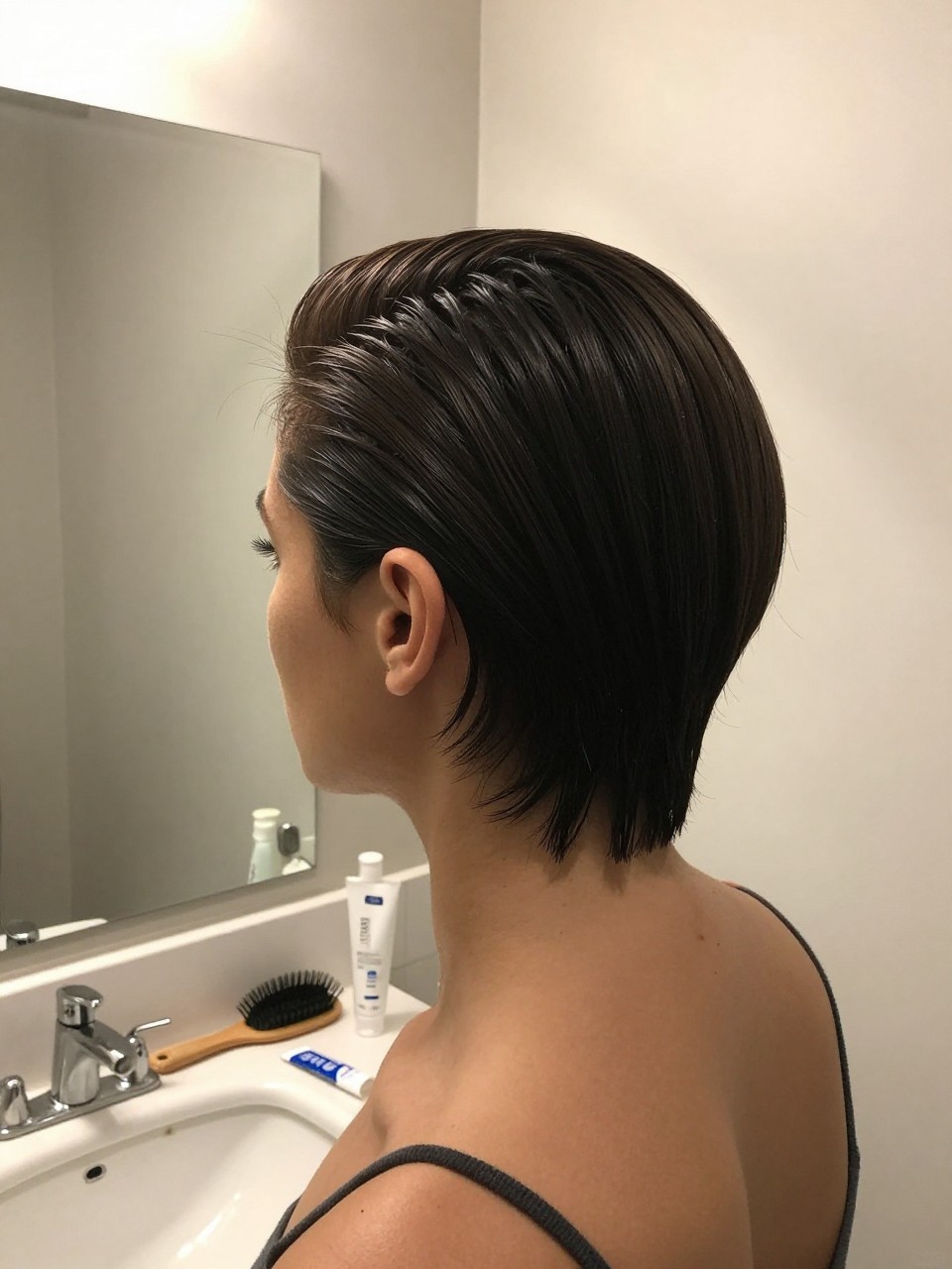 Photo of a woman wearing a sleek tucked-behind-ears pixie slicked straight back, side profile view to show the clean ear tuck, setting in a bathroom vanity mirror, lighting soft indoor lighting, containing a small lived-in detail such as a hairbrush on the vanity and a small tube of gel near the sink, latest iPhone photo quality.
