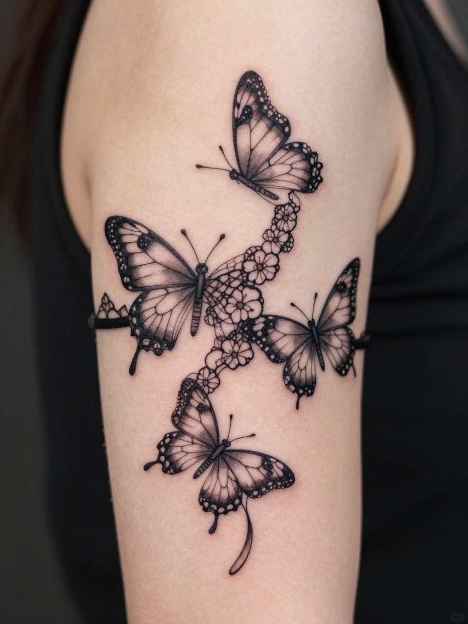 "Close-up of an upper arm, showing an armband tattoo made of interlocking butterfly wing patterns. It looks like intricate lace or filigree. The design is continuous and wraps perfectly."