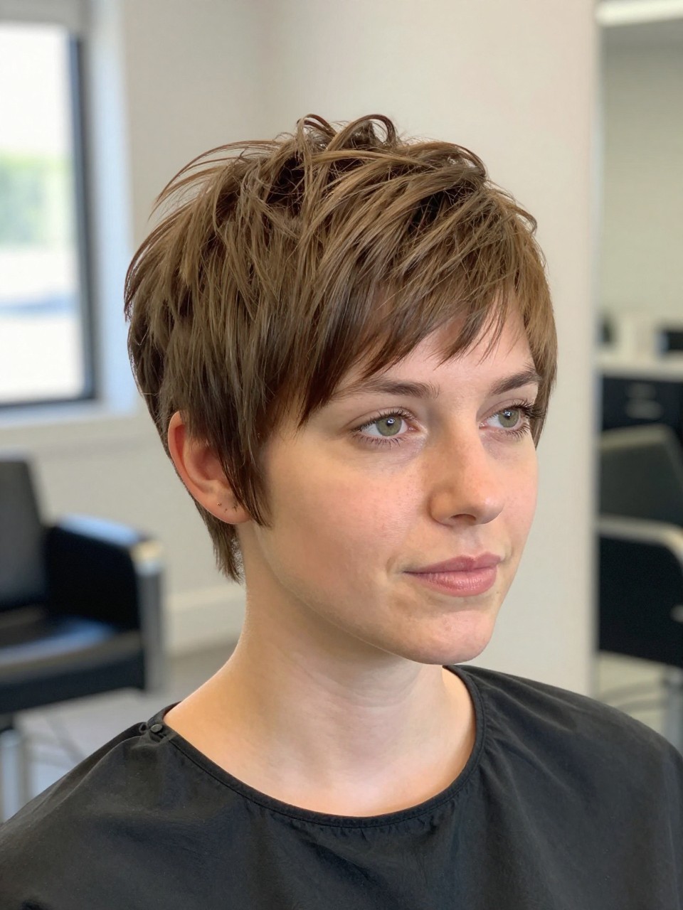 Photo of a white american woman wearing an ultra short sculpted pixie with a smooth clean outline and neatly cropped top, with the haircut fully visible and clearly defined, shot from a front portrait view, in a bright salon interior, with natural window light, showing the haircut shape, layers, ends, bangs, and texture clearly, including the salon chair edge, latest iPhone photo quality.