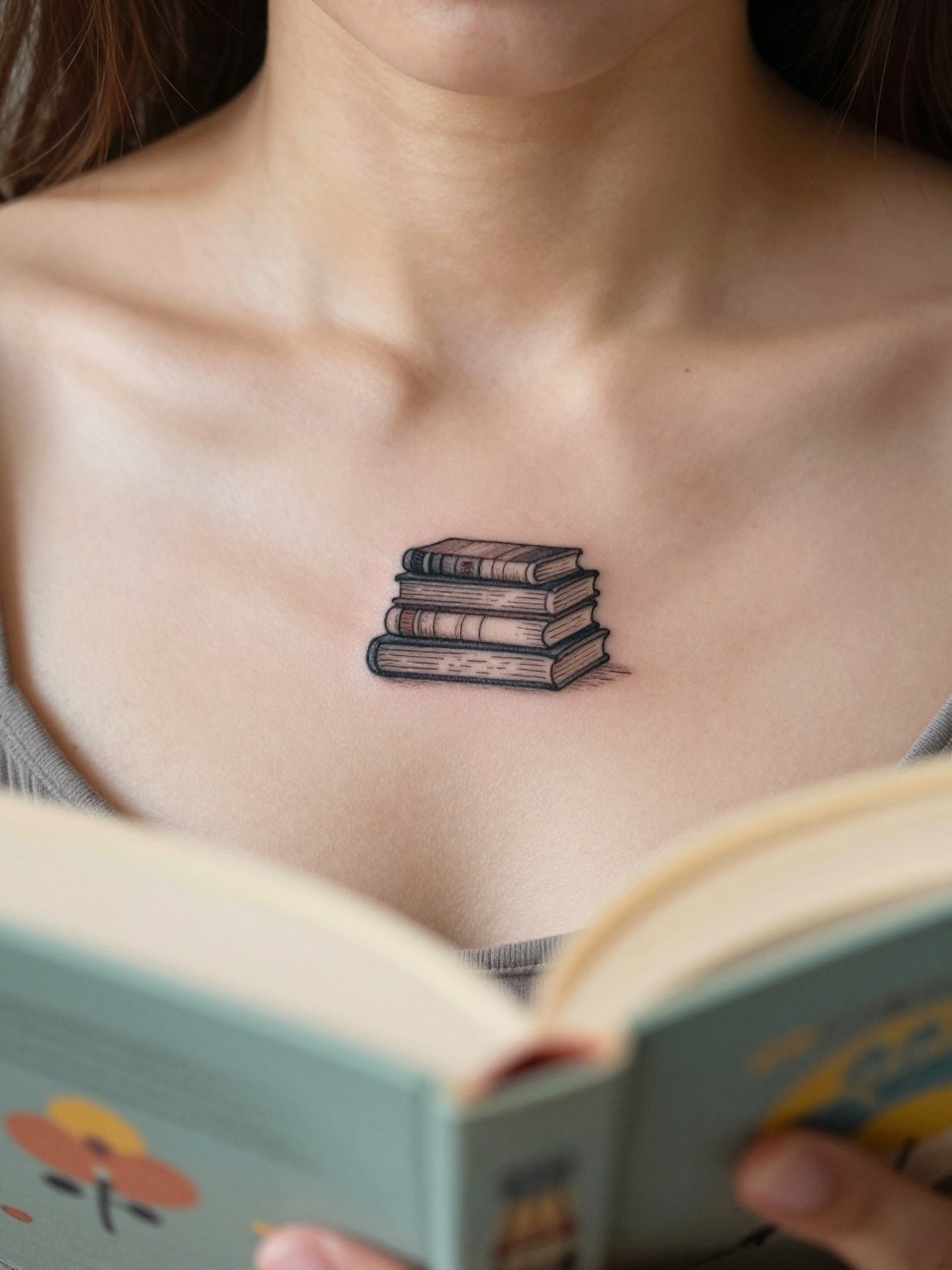 "Extreme macro close-up of a small, stacked books tattoo on the sternum. The fine lines of the book spines are visible. The image is framed so the tattoo is central, with a woman holding a real open book with a colorful cover just out of focus in the foreground. Soft, cozy, natural light."