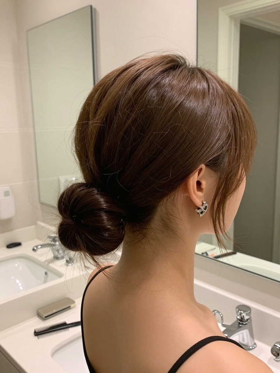 Photo of a woman wearing a sleek low bun with a clean middle part on medium-length hair, side profile view, setting in a bathroom vanity mirror, lighting soft indoor lighting, containing a small lived-in detail such as a fine-tooth comb on the counter and statement earrings peeking through, latest iPhone photo quality.