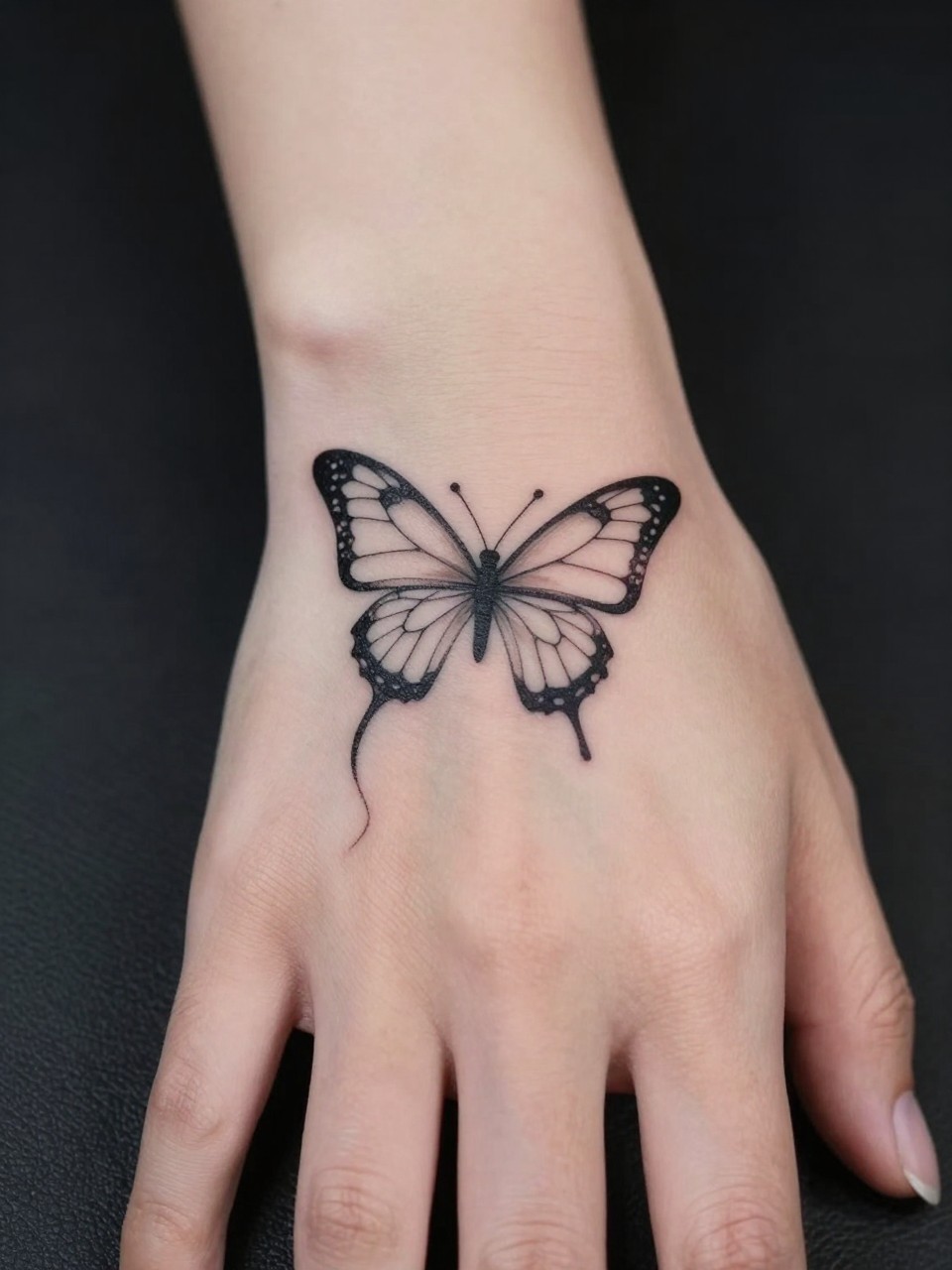 "Extreme close-up of a wrist/hand tattoo: one unbroken line forming a minimalist, abstract butterfly. Inked on the top of the hand, trailing onto fingers. Clean and conceptual."