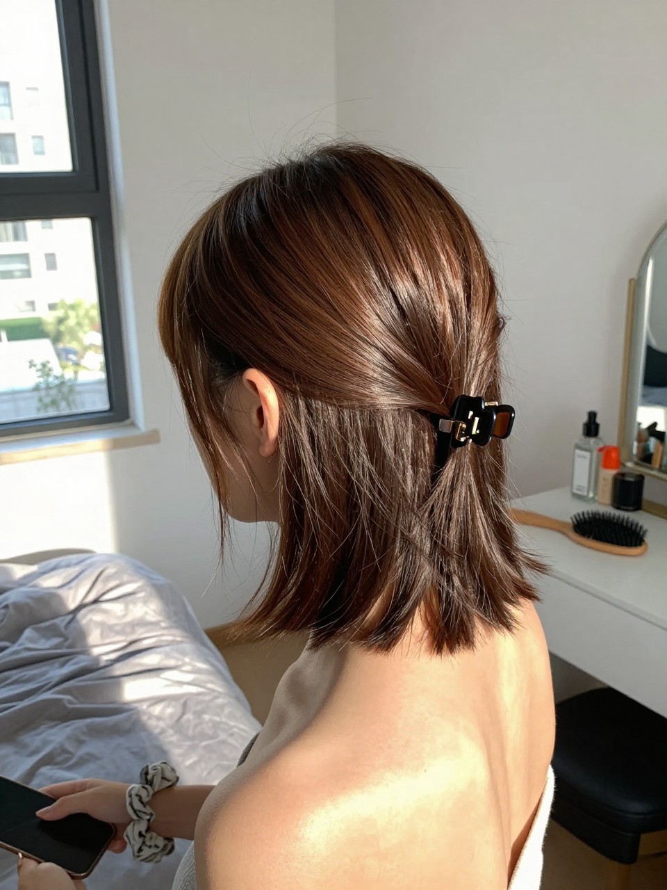 Photo of a woman wearing a slick back bob secured at the nape with a small low-profile claw clip, back-of-head view to show the clip placement, setting in a sun-drenched bedroom, lighting natural window light, containing a small lived-in detail such as a scrunchie on the wrist and a hairbrush on the vanity, latest iPhone photo quality.