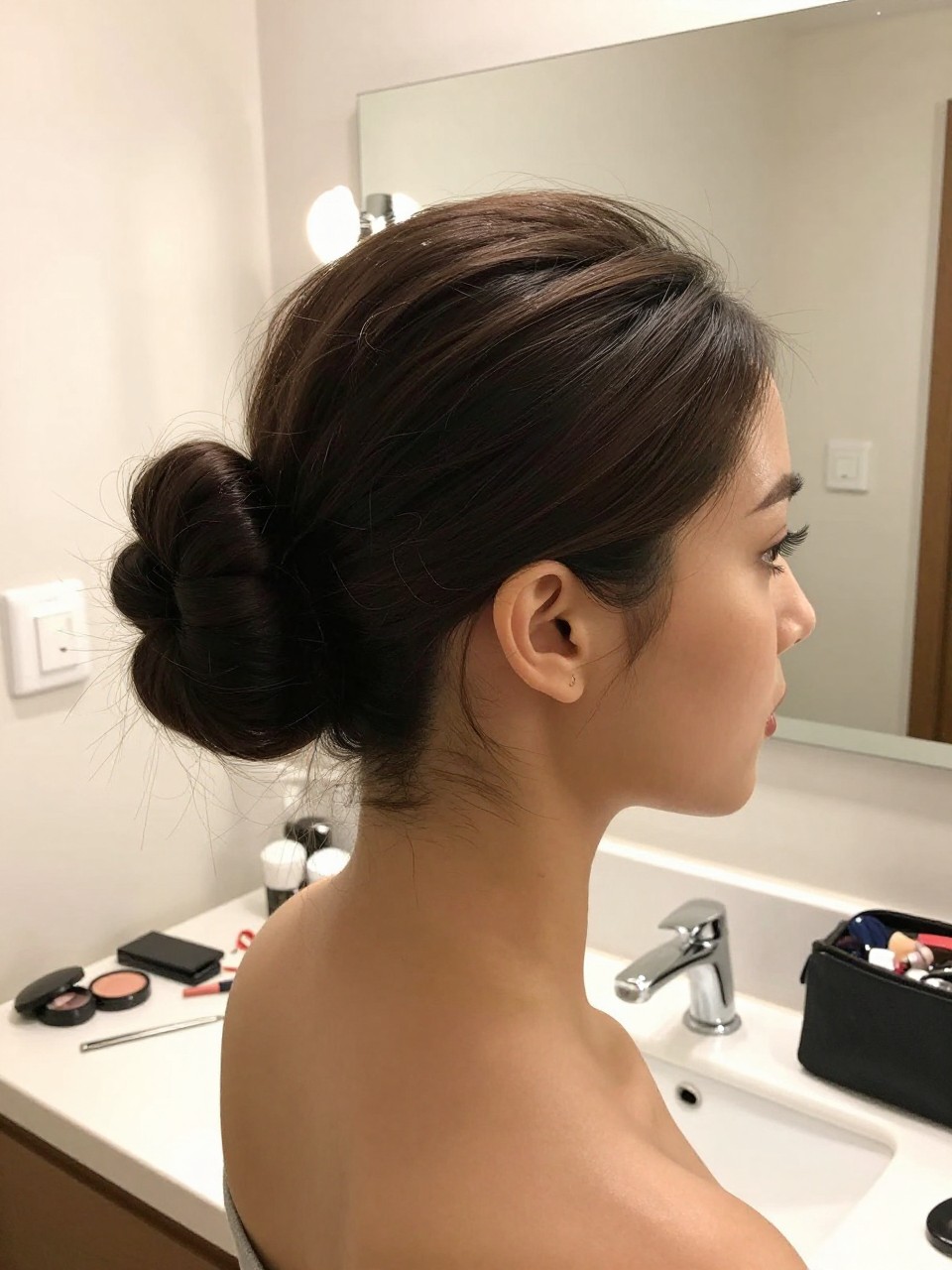 Photo of a woman wearing an elegant high bun with a smooth crown, side profile view, setting in a bathroom vanity mirror, lighting soft indoor lighting, containing a small lived-in detail such as U-pins on the counter and a makeup bag nearby, latest iPhone photo quality.