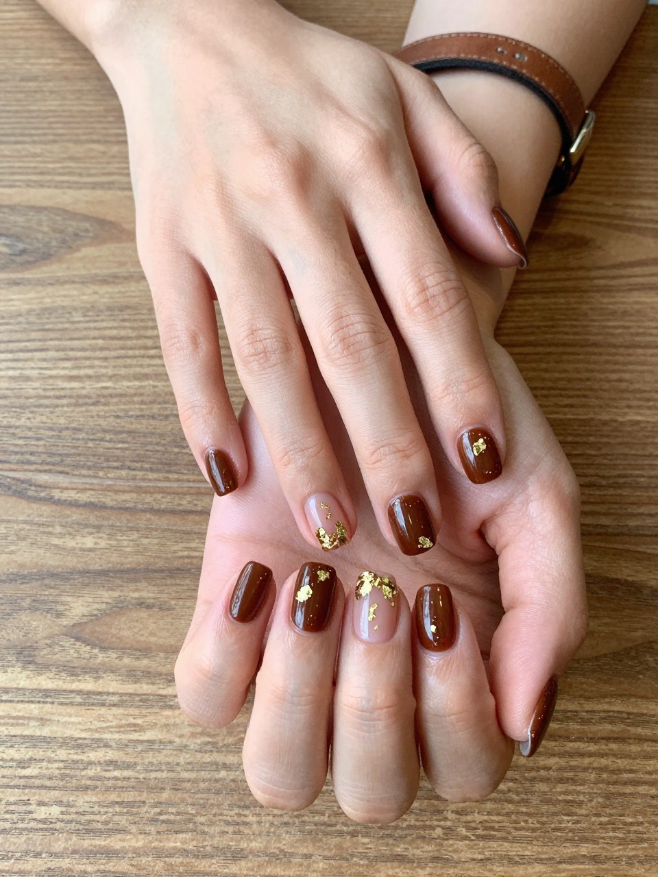 90-degree overhead top-down view of two feminine hands with rounded square medium nails.
The manicure features a deep rustic brown base with scattered gold foil accents across two nails.
Include glossy gel finish.

Hands are posed one hand placed over the other.

Scene set on a wooden table with a leather belt nearby.

Bright natural daylight with soft shadows, hyper-realistic lifestyle photography, sharp focus on nails, natural skin texture, realistic hands, no extra fingers.