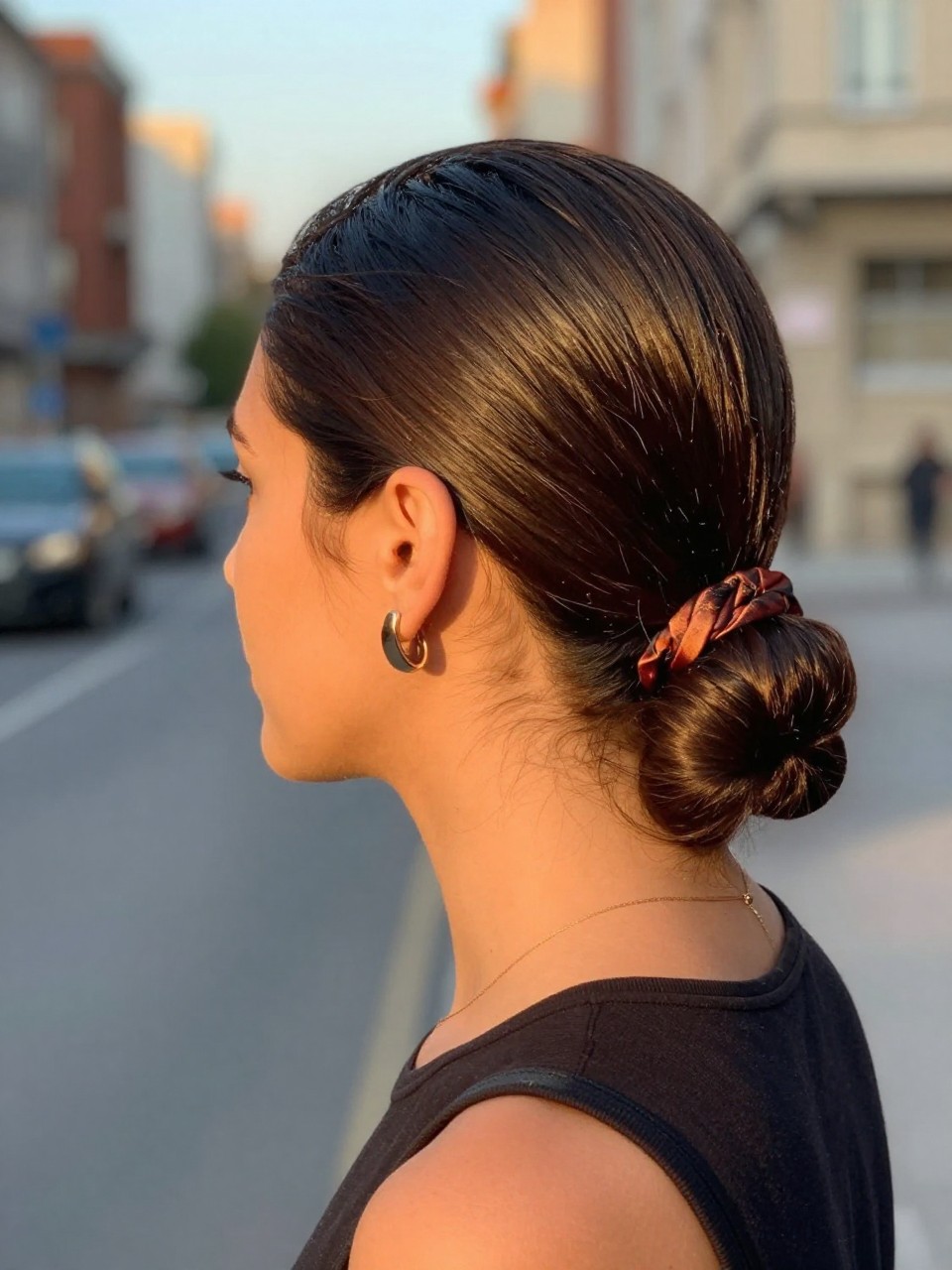 Photo of a woman wearing a slick back lob in a low sleek ponytail with a wrapped base, side profile view, setting in a softly blurred city street background, lighting golden hour glow, containing a small lived-in detail such as a silk scrunchie on the wrist and statement earrings peeking through, latest iPhone photo quality.