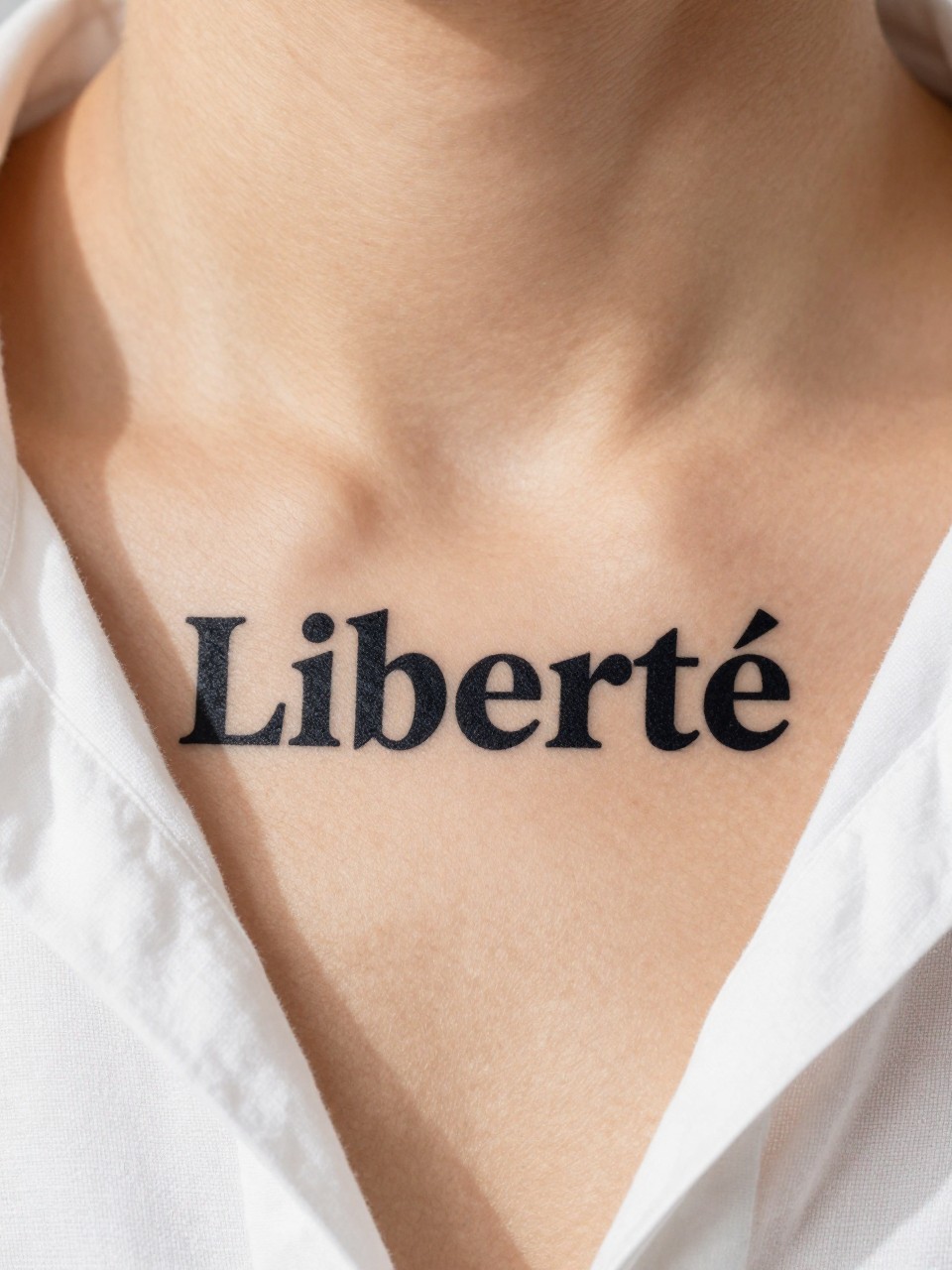 "Macro shot of 'Liberté' in bold, classic typography on the collarbone on the skin. The neckline of a simple white linen shirt sits just below. Clean, strong, and clear focus on the letters."