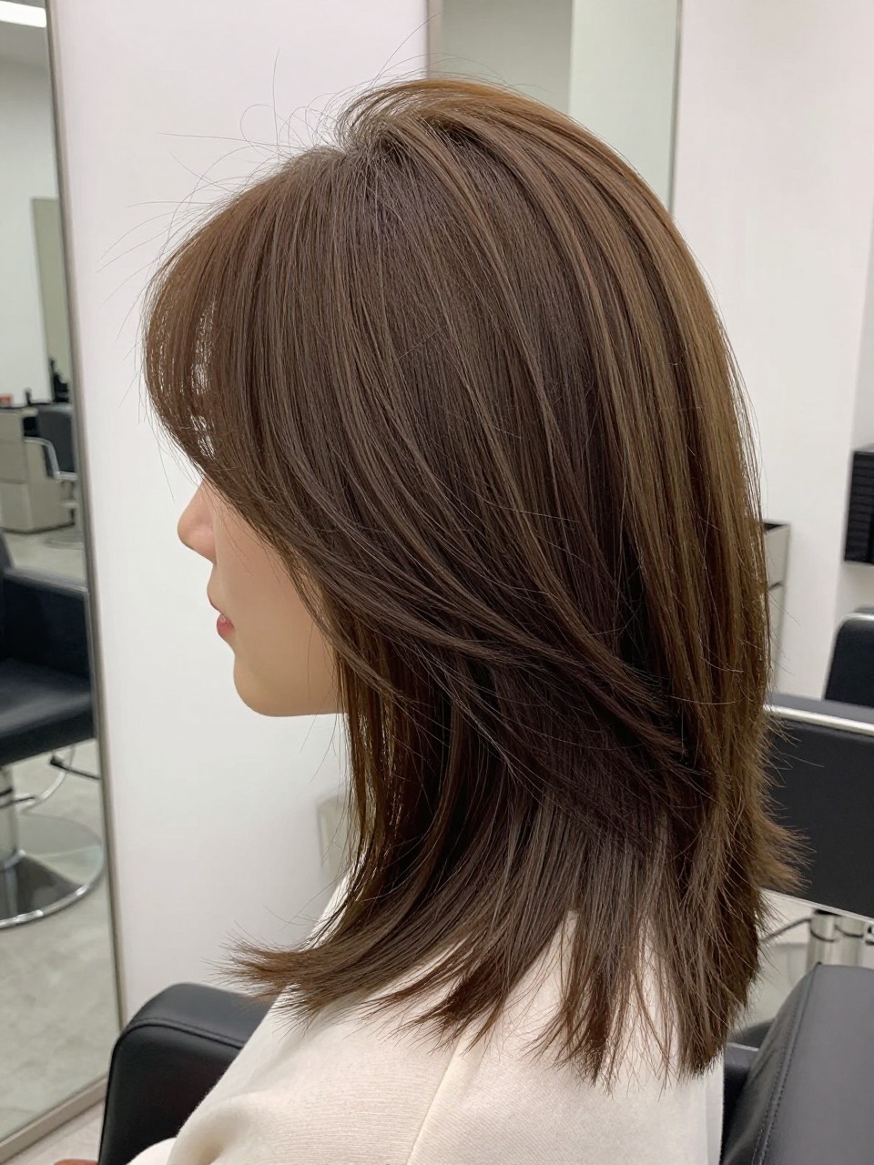 Photo of a woman wearing a textured bixie with longer crown layers and a softly cropped back, with the haircut fully visible and clearly defined, shot from a three-quarter angle, in a bright salon interior, with soft indoor lighting, showing the haircut shape, layers, ends, bangs, and texture clearly, including a clipped-back section of hair, latest iPhone photo quality.