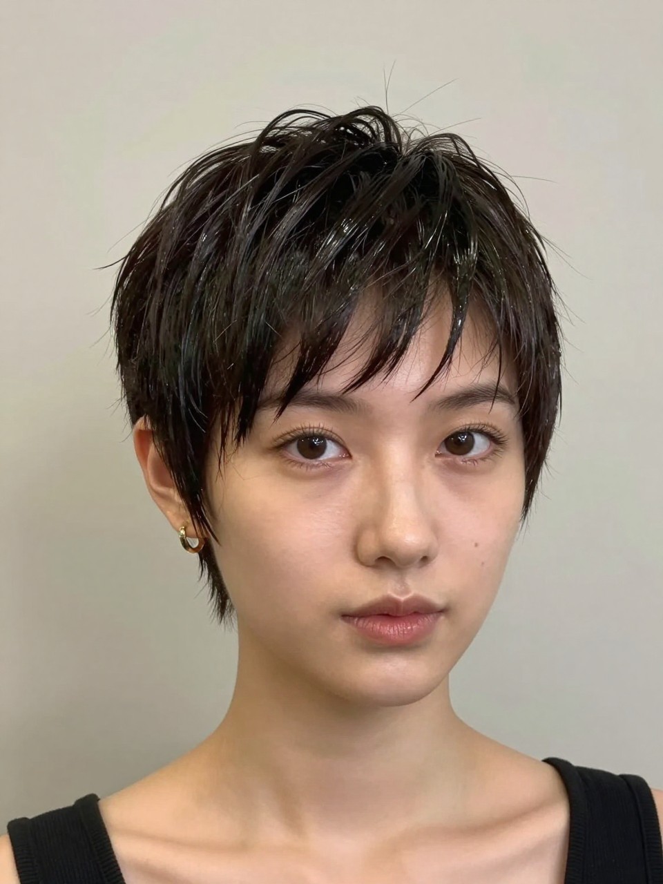 Photo of a white woman wearing an ultra short wet-look pixie with closely cropped sides and a sleek glossy top, with the haircut fully visible and clearly defined, shot from a front portrait view, in a soft neutral studio, with soft indoor lighting, showing the haircut shape, layers, ends, bangs, and texture clearly, including simple gold earrings, latest iPhone photo quality.