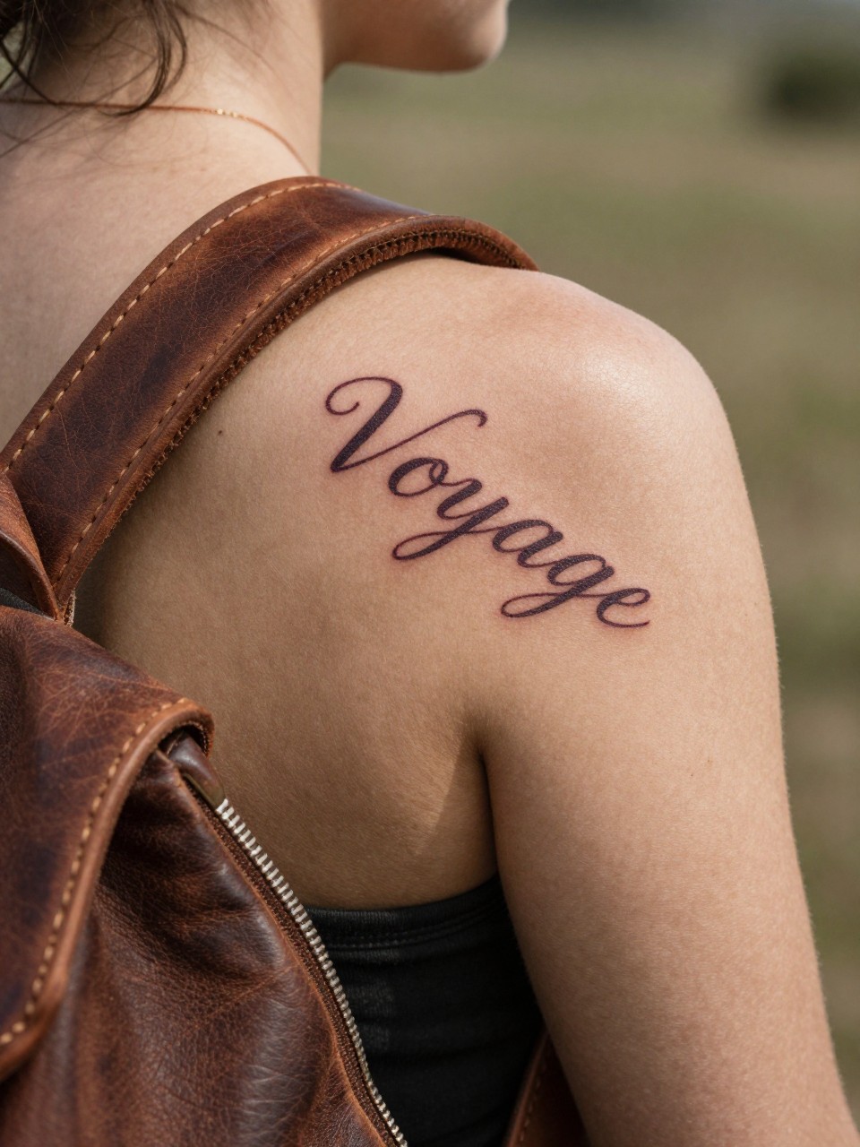 "Detailed view of 'Voyage' in classic, cursive script along the shoulder blade. The strap of a well-used leather travel bag is visible. Adventurous and timeless."