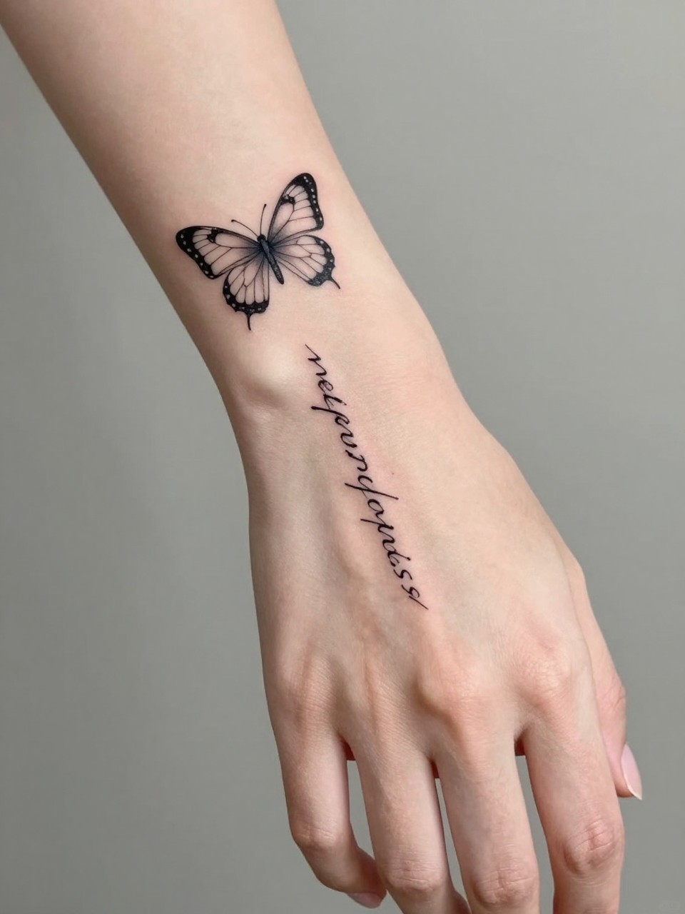 "Close-up of the side of a hand, from wrist to pinky. A butterfly tattoo is near the wrist, with the cursive word "metamorphosis" flowing up the hand’s edge. Clean, literary, and graceful focus."