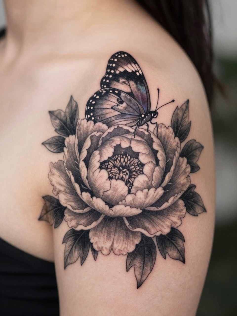 "Close-up of a shoulder tattoo: the edge of a butterfly’s wing emerges from behind a lush, shaded peony. The focus is on the peek-a-boo effect and the contrast between flower and insect."