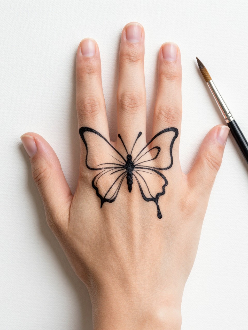 "Detailed view of a single unbroken line forming an abstract butterfly on the back of a hand. The hand rests on a blank canvas, a paintbrush nearby. Focus on the clever, continuous path of the ink."