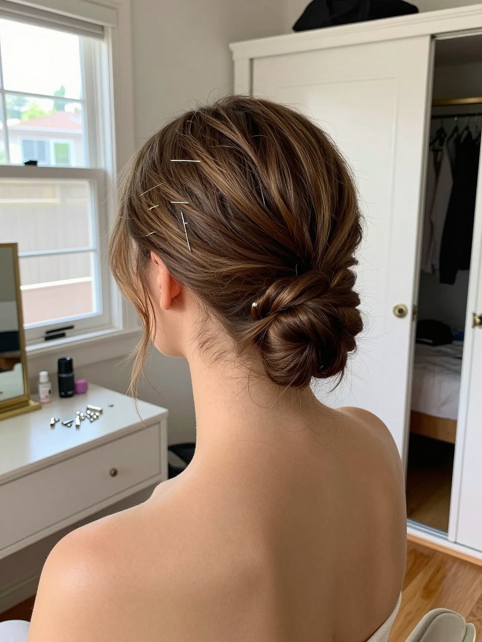 Photo of a woman wearing a low twist back hairstyle on short hair with hidden pins at the nape, back-of-head view, setting in a sun-drenched bedroom, lighting natural window light, containing a small lived-in detail such as bobby pins on the vanity and a slightly open closet behind, latest iPhone photo quality.