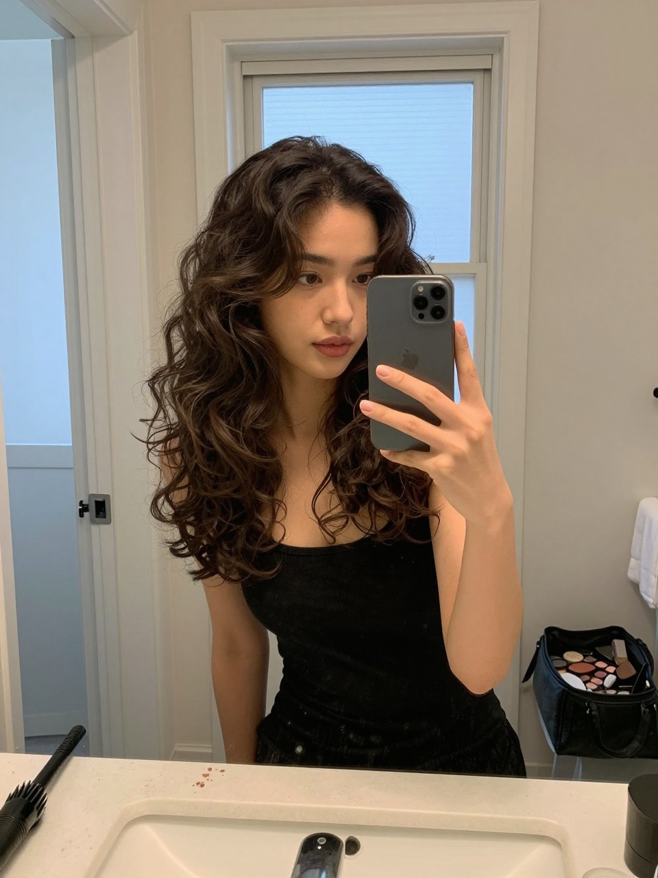 Photo of a woman wearing a soft side-part half up half down hairstyle with face-framing curls, candid mirror selfie, setting in a bathroom vanity mirror, lighting natural window light, containing a small lived-in detail such as a curling iron on the counter and a makeup bag nearby, latest iPhone photo quality.