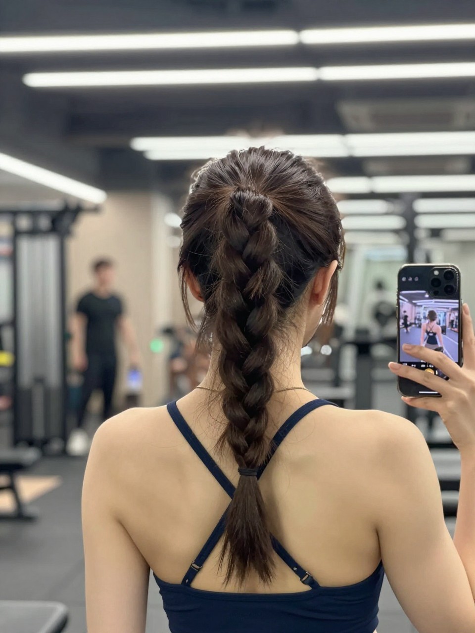 Photo of a woman wearing a braided half-up ponytail, back-of-head view, setting is a gym, lighting is bright fluorescent light, containing a water bottle, iPhone photo quality.