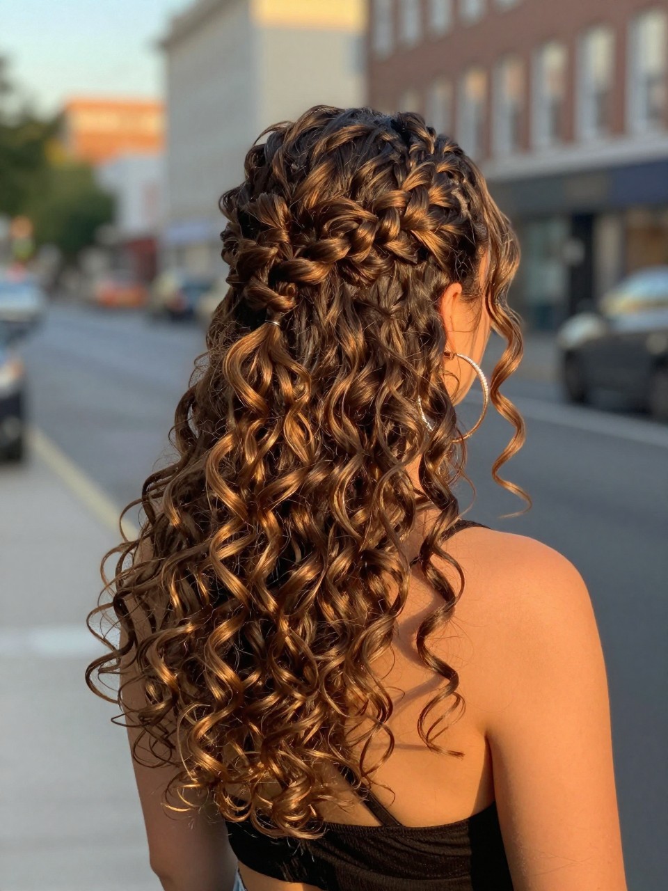 Photo of a woman wearing a braided half-up with loose curls, back-of-head view showing braids meeting, setting is a blurred city street background with golden hour light, containing statement hoop earrings visible, latest iPhone photo quality.