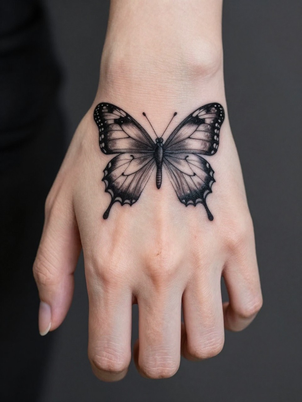 "Two-part close-up: First, an open hand showing a full butterfly tattoo spread. Second, a softly clenched fist showing how the wings fold into the knuckle lines. Focus on the intelligent, anatomical design."