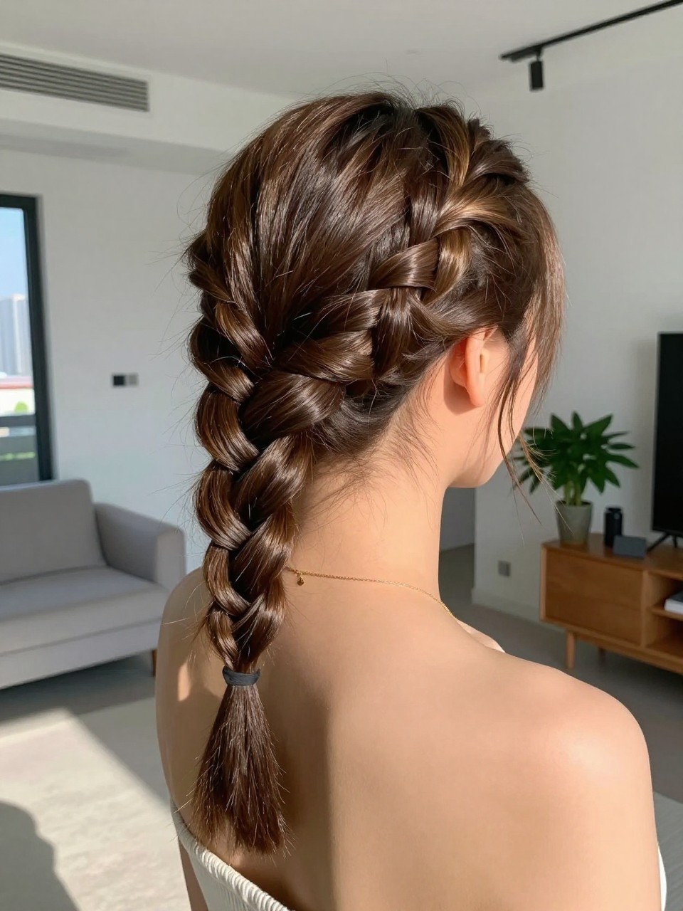 Photo of a woman wearing a four-strand braid half-up, back-of-head view, setting is a modern apartment, lighting is natural window light, containing a plant in the background, iPhone photo quality.