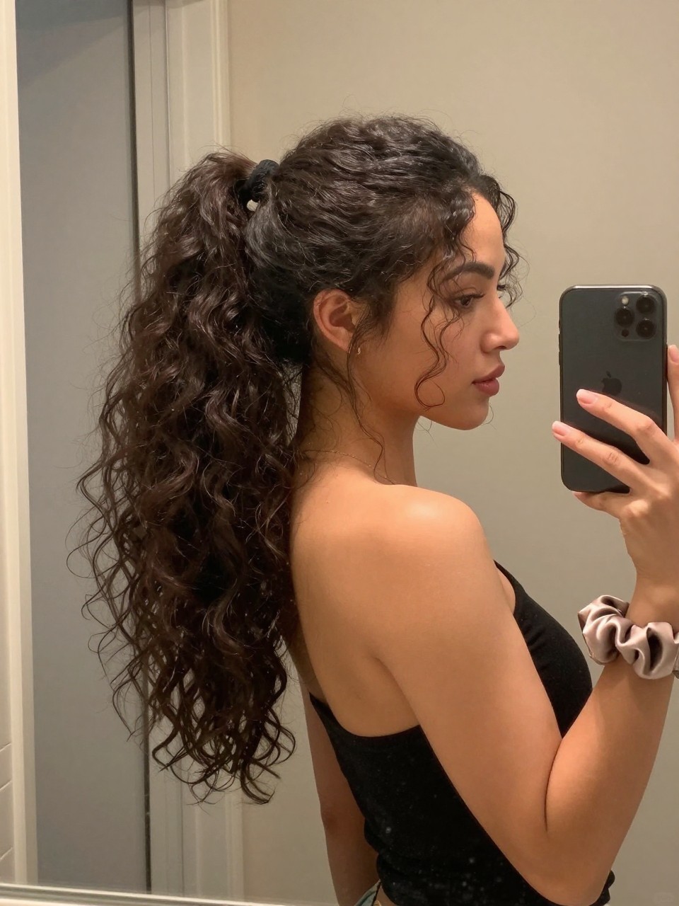 Photo of a woman wearing a high curly pony with volume, side profile mirror selfie showing the ponytail cascading down, setting is a bathroom vanity mirror with soft indoor lighting, containing a silk scrunchie on her wrist, latest iPhone photo quality.