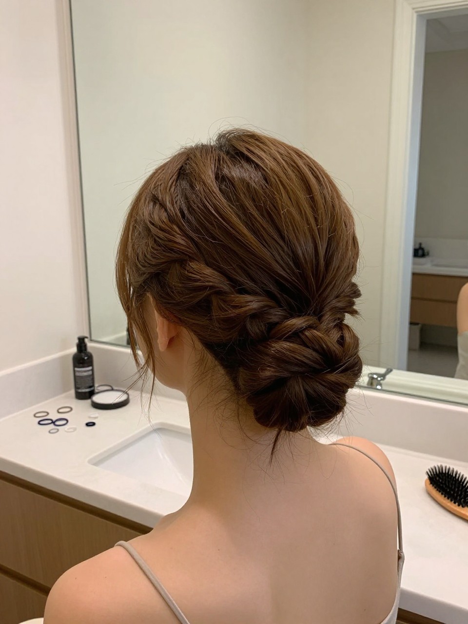 Photo of a woman wearing a braided low chignon with a clean finish, back-of-head view to highlight braid wrap, setting in a bathroom vanity mirror, lighting soft indoor lighting, containing a small lived-in detail such as mini elastics on the counter and a hairbrush on the vanity, latest iPhone photo quality.