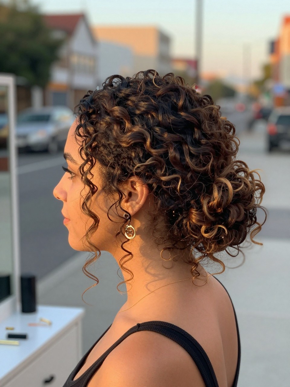 Photo of a woman wearing a curly side bun with soft loose pieces, side profile view, setting in a softly blurred city street background, lighting golden hour glow, containing a small lived-in detail such as bobby pins on the vanity and statement earrings peeking through, latest iPhone photo quality.