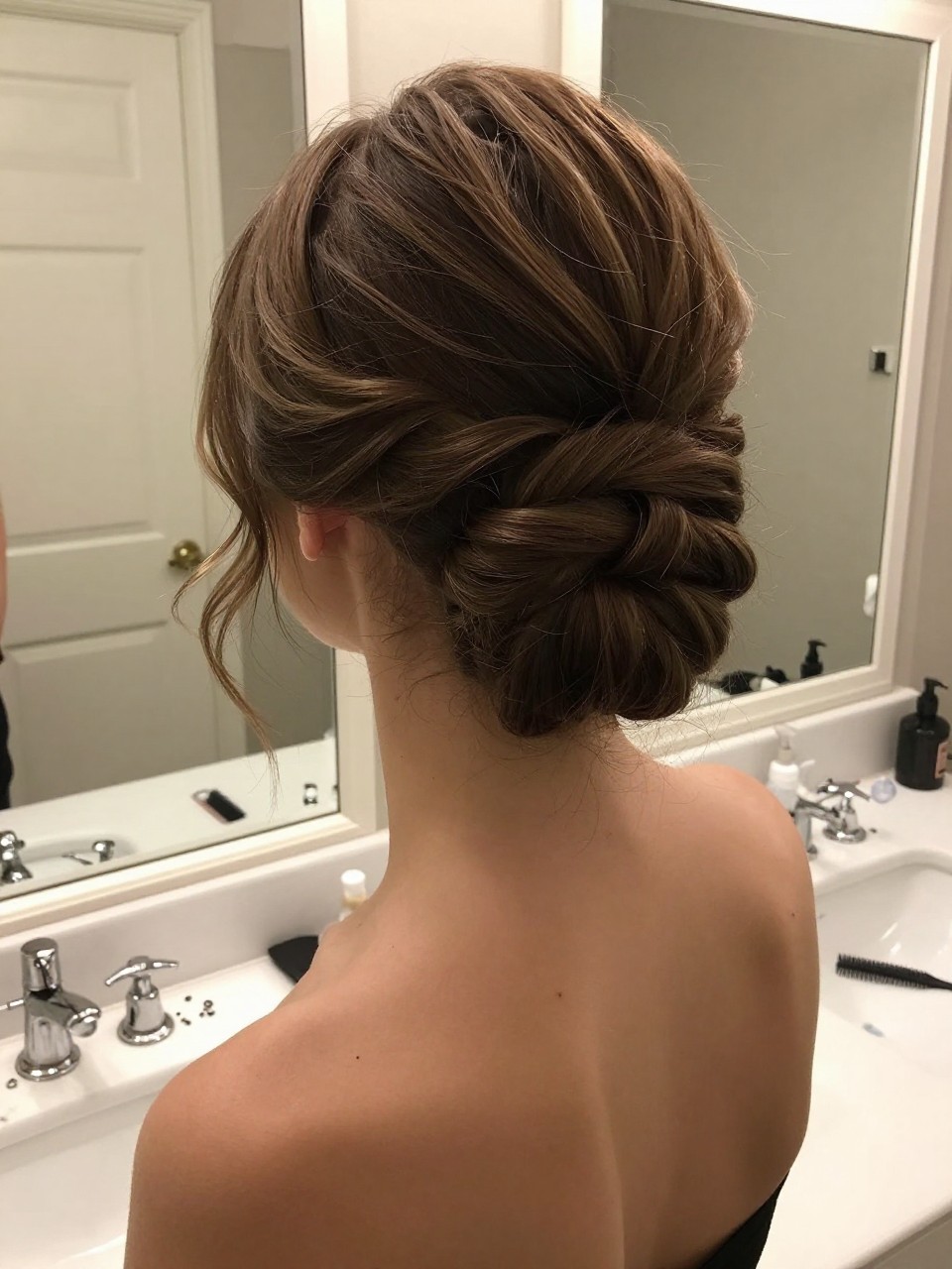 Photo of a white brunette woman wearing an elegant French twist updo on long hair, back-of-head view to show twist detail, setting in a bathroom vanity mirror, lighting soft indoor lighting, containing a small lived-in detail such as U-pins on the counter and a comb nearby, latest iPhone photo quality.
