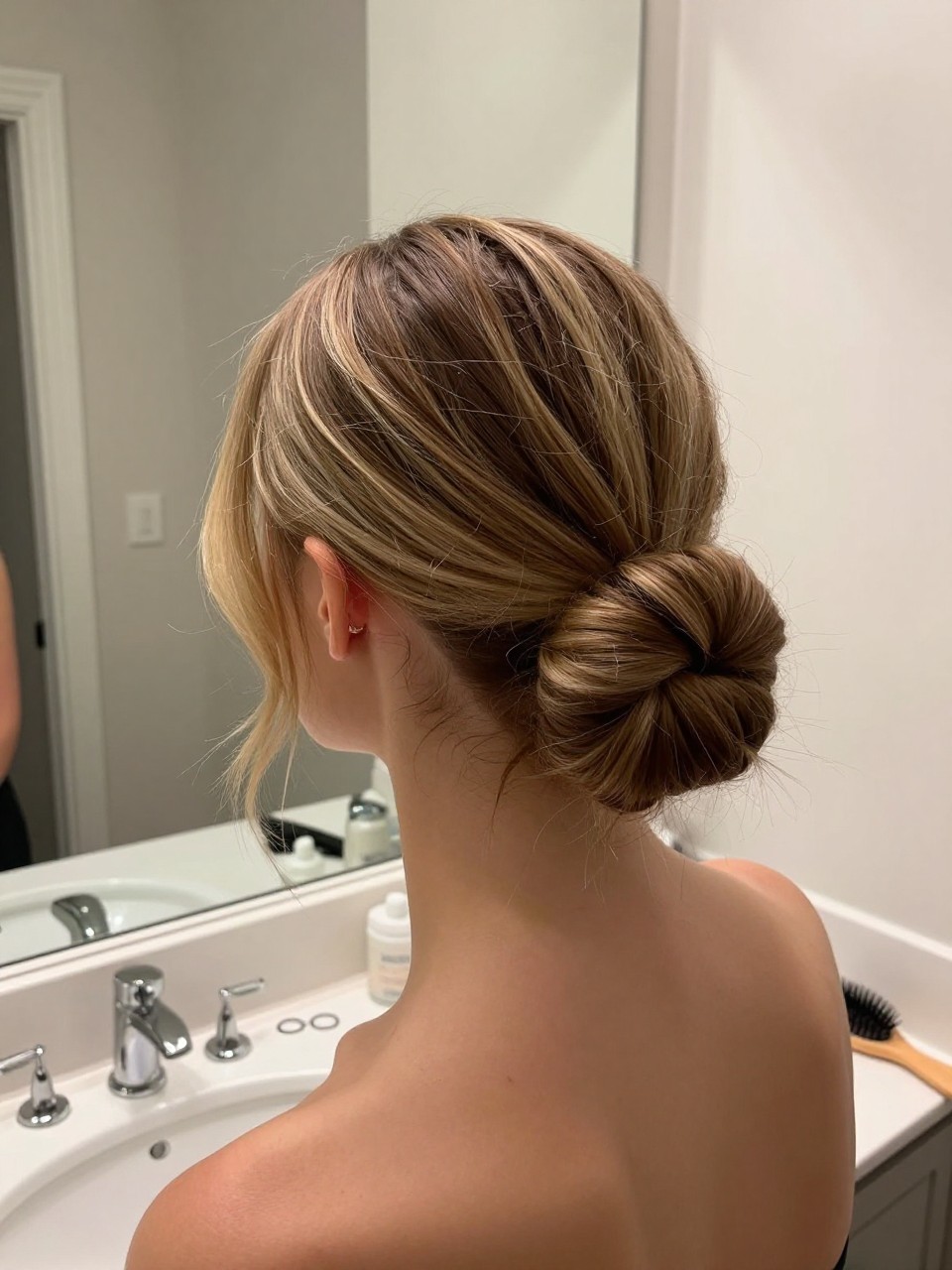 Photo of a white woman wearing two low space buns with a center part, back-of-head view, setting in a bathroom vanity mirror, lighting soft indoor lighting, containing a small lived-in detail such as elastics on the counter and a hairbrush nearby, latest iPhone photo quality.