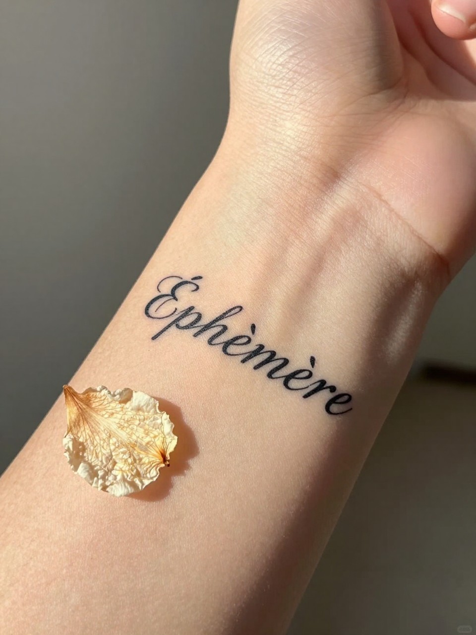 "Close-up of the word 'Éphémère' in delicate, cursive script tattooed on the inner wrist. A single, translucent dried flower petal rests on the skin beside it. Soft, fading afternoon light."