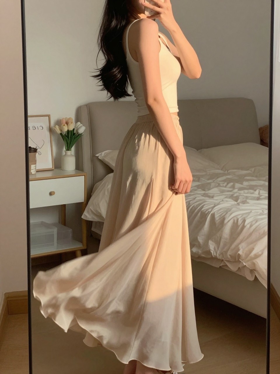 iPhone mirror selfie of a woman in a flowing maxi skirt and fitted tank, turning slightly to catch the skirt's movement, cropped at NECK so face doesn't show, in a feminine-themed bedroom, evening golden hour, iPhone photo quality.