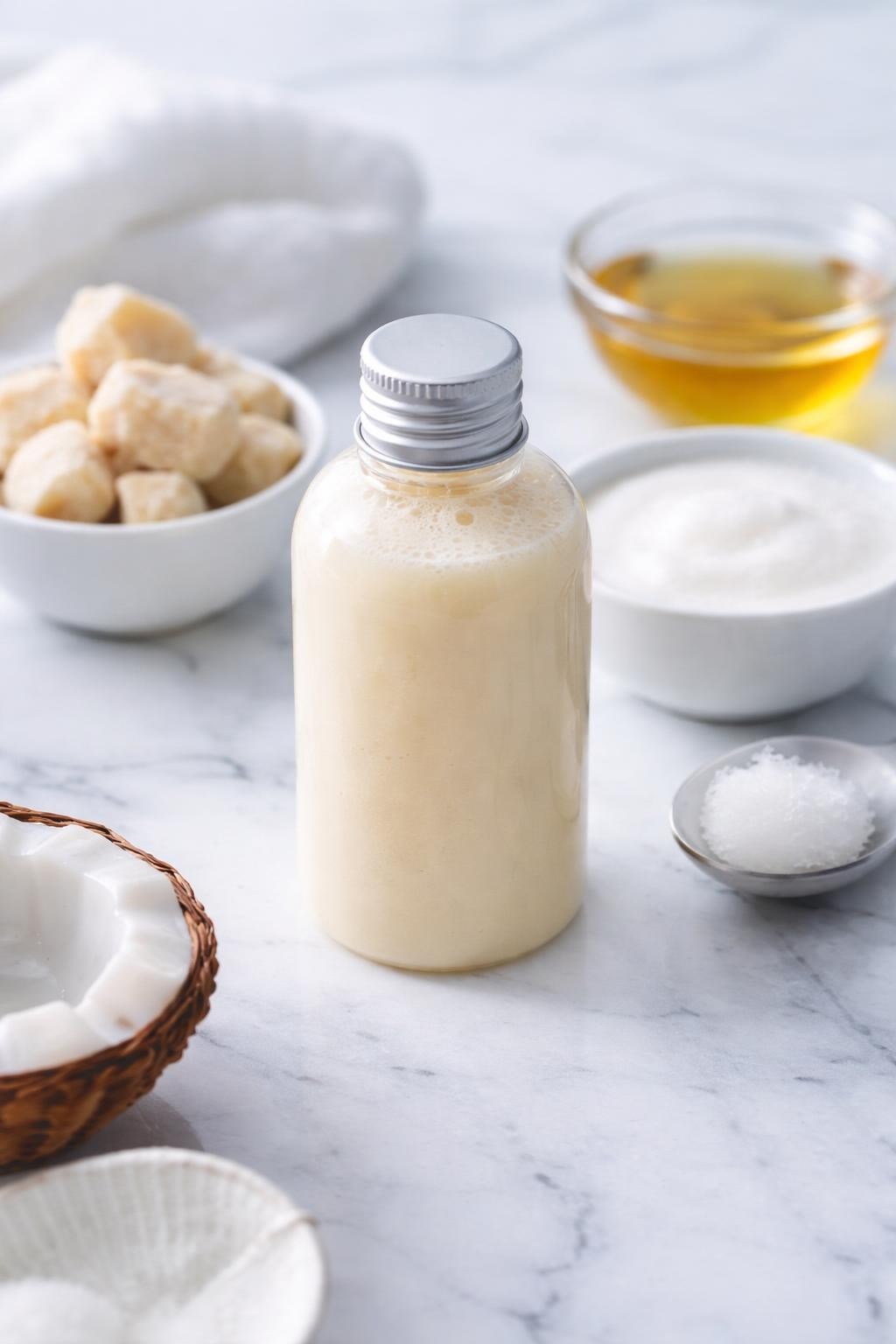 A realistic close-up photo of a small bottle filled with creamy shea coconut homemade shampoo on a clean white marble countertop. Small bowls of shea butter, coconut milk, liquid castile soap, and a spoon are arranged neatly around the bottle. Bright cool-toned natural light, crisp detail, realistic texture, clean minimal setup, strong focus on the creamy shampoo bottle and rich texture, no people, no text, (no watermarks on images)